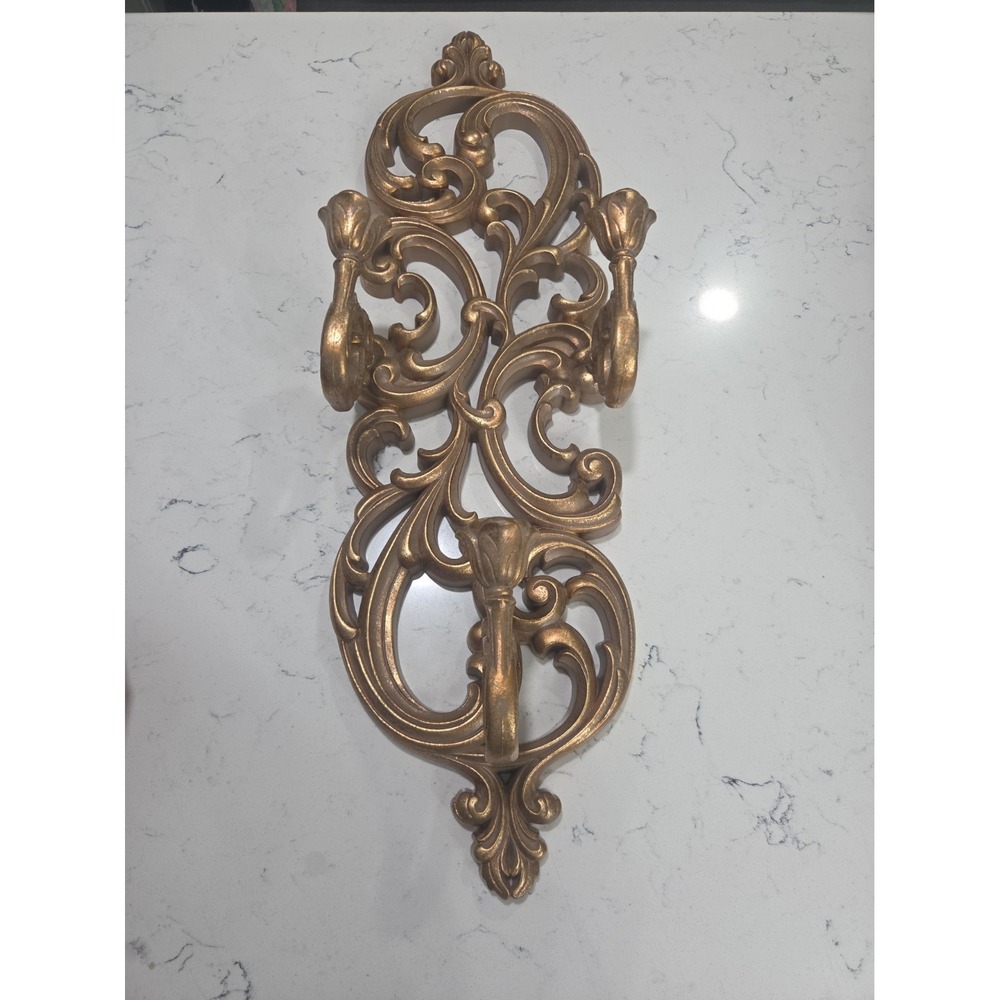 Vintage Gia Inc Gold Ornate Wall Sconce triple Candle Holder 28.5"